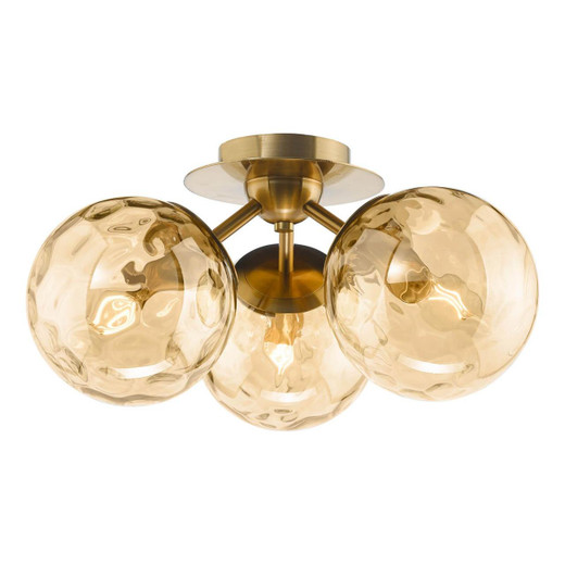 Dar Lighting Urika 3 Light Antique Brass with Amber Glass Flush Ceiling Light 