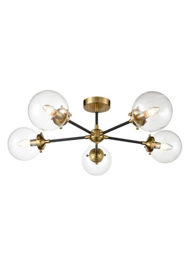 Franklite Attraction 5 Light Matt Black and Antique Gold with Clear Sphere Semi Flush Ceiling Light 