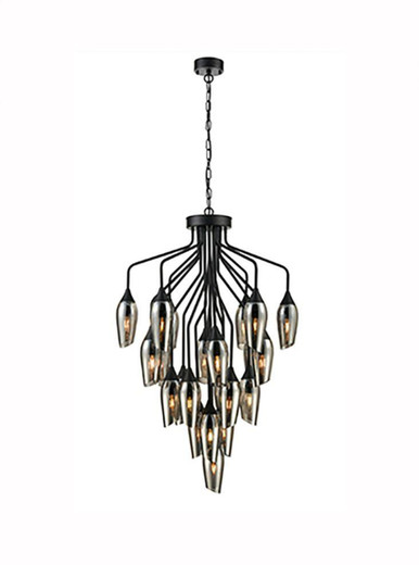 Franklite Taper 22 Light Matt Black with Smoked Cut Glass Pendant Light 