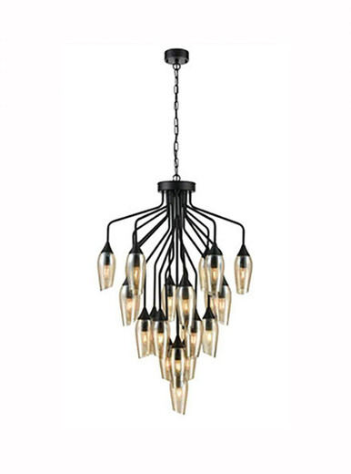 Franklite Taper 22 Light Matt Black with Amber Cut Glass Pendant Light 
