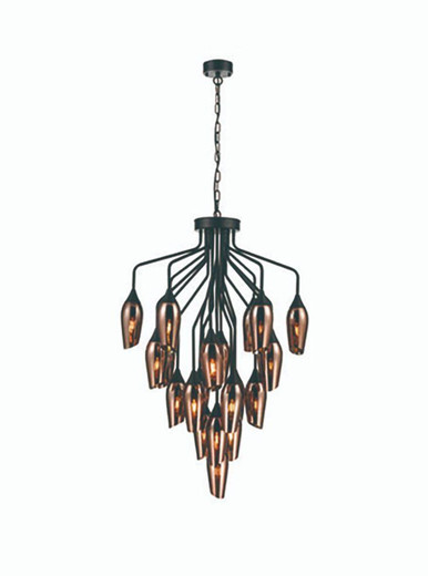 Franklite Taper 22 Light Matt Black with Copper Cut Glass Pendant Light 