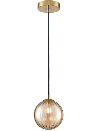 Franklite Globe Aged Brass with Amber Ribbed Diffuser Pendant Light 