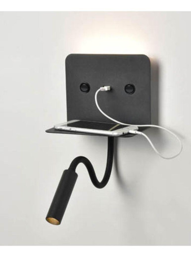 Franklite Luca LED 2 Light Matt Black with USB Port and Shelf Adjustable Reading LED Wall Light 