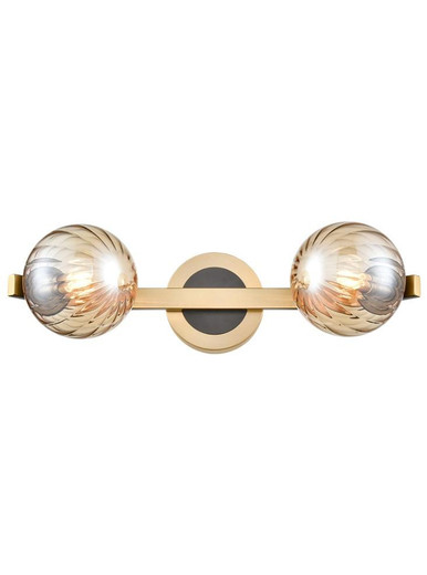 Franklite Oculus 2 Light Matt Black and Aged Brass with Amber Ribbed Sphere IP44 Bathroom Wall Light 