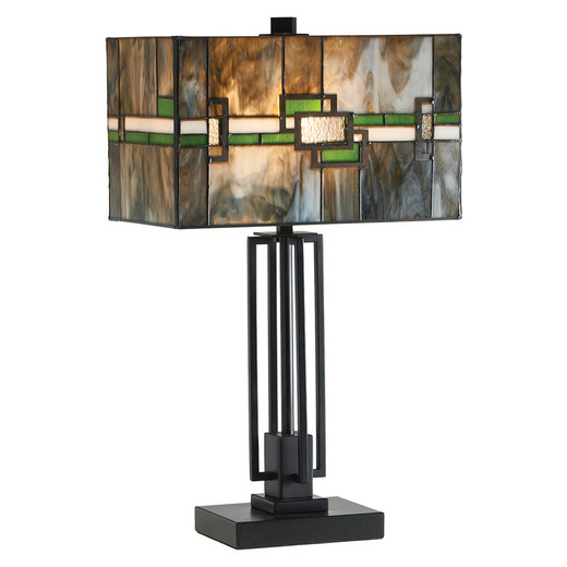 Oaks Lighting Edendale 2 Light Grey with Green and White Tiffany Table Lamp 