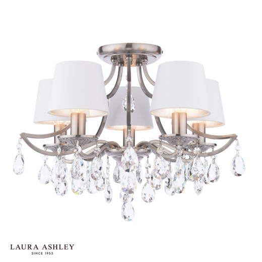 Enstone 5 Light Polished Nickel and Crytals with Ivory Candle Shades Semi Flush Ceiling Light
