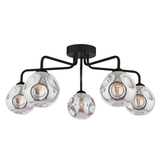 Dar Lighting Feya 5 Light Matt Black with Organic Smoked Diffusers Semi Flush Ceiling Light 