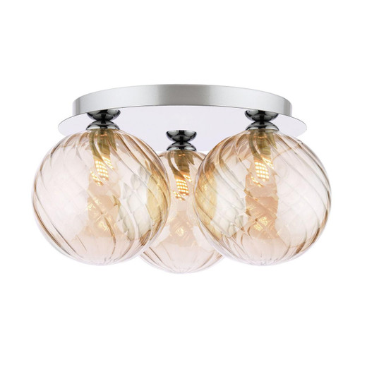 Dar Lighting Foley 3 Light Polished Chrome with Twisted Amber Diffusers Flush Ceiling Light 