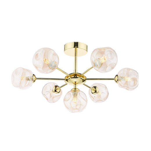 Cohen 7 Light Polished Gold with Organic Amber Diffusers Semi Flush Ceiling Light