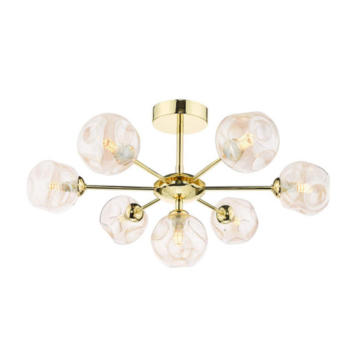 Dar Lighting Cohen 7 Light Polished Gold with Organic Amber Diffusers Semi Flush Ceiling Light 