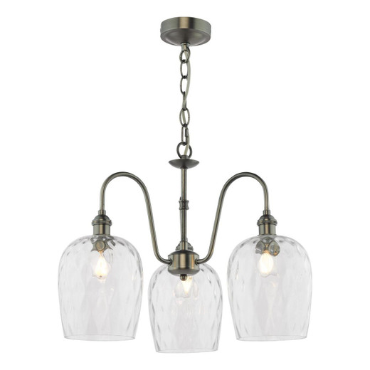 Dar Lighting Hadano 3 Light Antique Chrome and Clear Dimpled Shades Pendant Light 