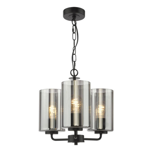 Dar Lighting Daylin 3 Light Satin Black with Smoked Ribbed Shades Pendant Light 