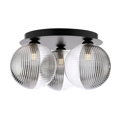 Dar Lighting Foley 3 Light Matt Black with Clear and Smoked Ribbed Diffusers Flush Ceiling Light 