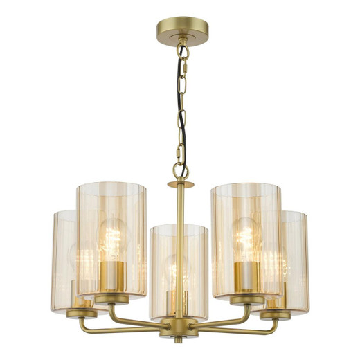 Dar Lighting Daylin 5 Light Satin Gold with Amber Ribbed Shades Pendant Light 