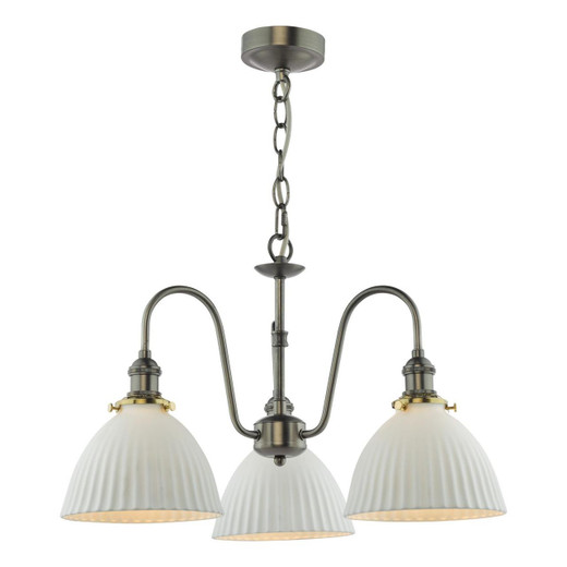 Dar Lighting Hadano 3 Light Antique Chrome and White Domed Shades Pendant Light 