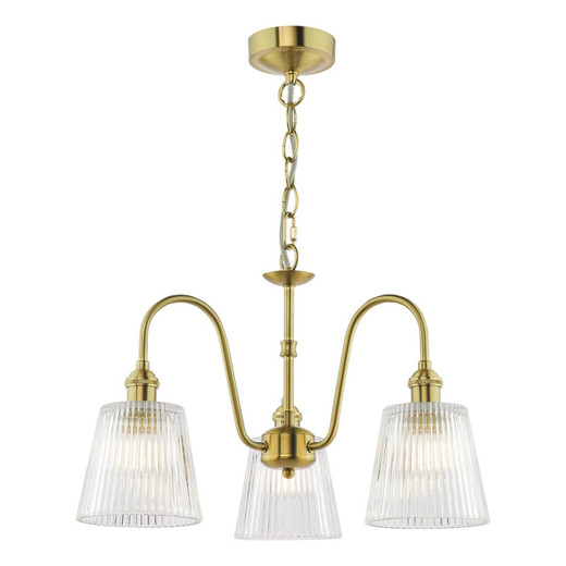 Dar Lighting Hadano 3 Light Natural Brass and Clear Ribbed Shades Pendant Light 