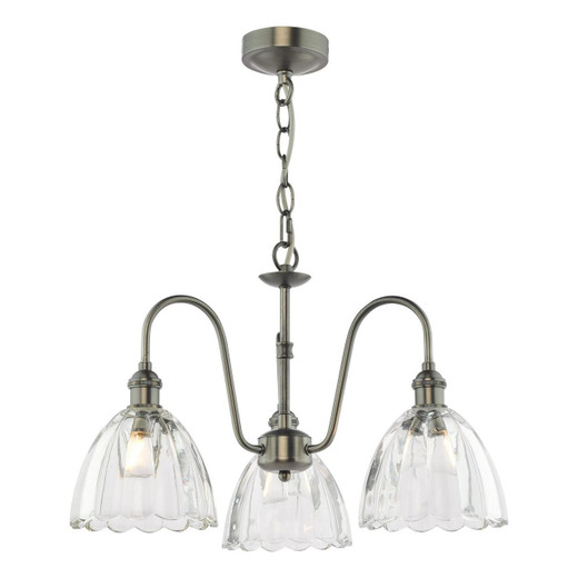 Dar Lighting Hadano 3 Light Antique Chrome and Clear Scalloped Bell Shades Pendant Light 