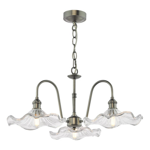 Dar Lighting Hadano 3 Light Antique Chrome and Clear Wavy Shades Pendant Light 