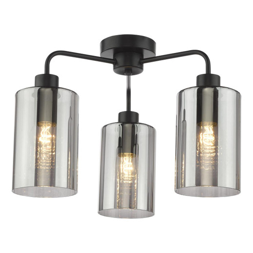 Dar Lighting Daylin 3 Light Satin Black with Smoked Ribbed Shades Semi Flush Ceiling Light 