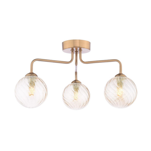 Dar Lighting Feya 3 Light Antique Bronze with Twisted Amber Diffusers Semi Flush Ceiling Light 