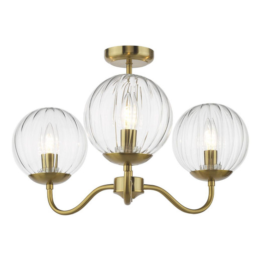 Dar Lighting Jocelyn 3 Light Natural Brass with Clear Diffusers Semi Flush Ceiling Light 