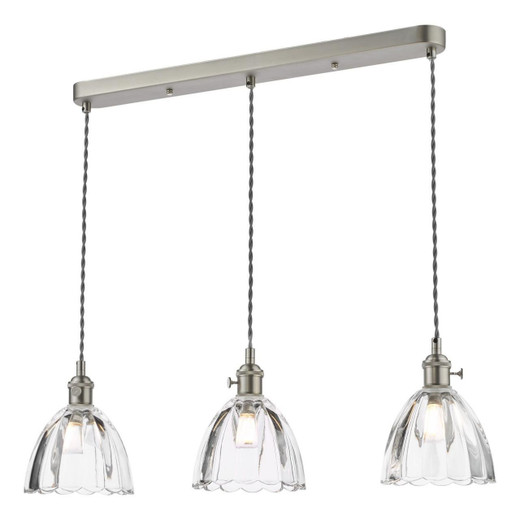 Dar Lighting Hadano 3 Light Antique Chrome with Scalloped Bell Glass Bar Pendant Light 