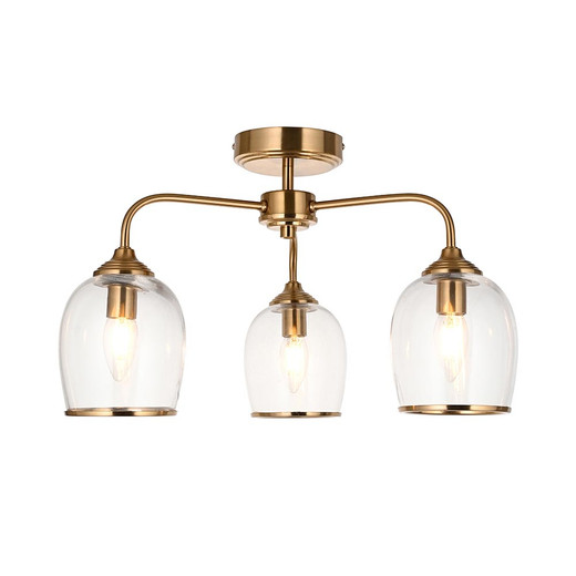 Ashcroft 3 Light Brushed Aged Brass with Clear Shades Semi Flush Ceiling Light