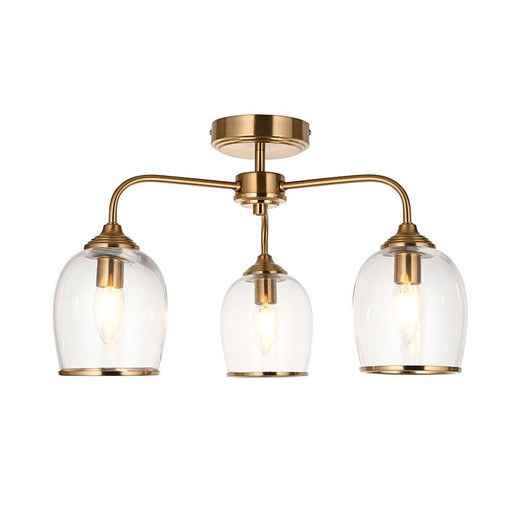 Endon Lighting Ashcroft 3 Light Brushed Aged Brass with Clear Shades Semi Flush Ceiling Light 