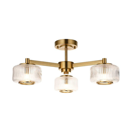 Endon Lighting Stamford 3 Light Brushed Aged Brass with Clear Ribbed Glass Shades Semi Flush Ceiling Light 