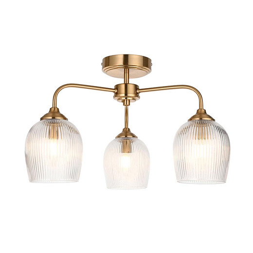 Ashcroft 3 Light Brushed Aged Brass with Ribbed Clear Shades Semi Flush Ceiling Light