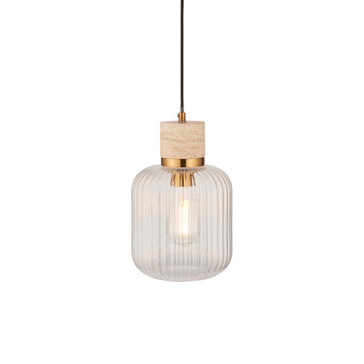 Travi Vintage Brass with Travertine Stone with Ribbed Clear Shade Pendant Light