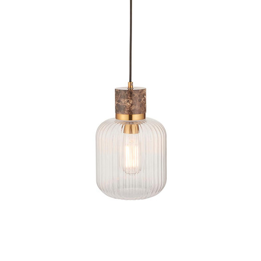 Travi Vintage Brass with Brown Marble with Ribbed Clear Shade Pendant Light
