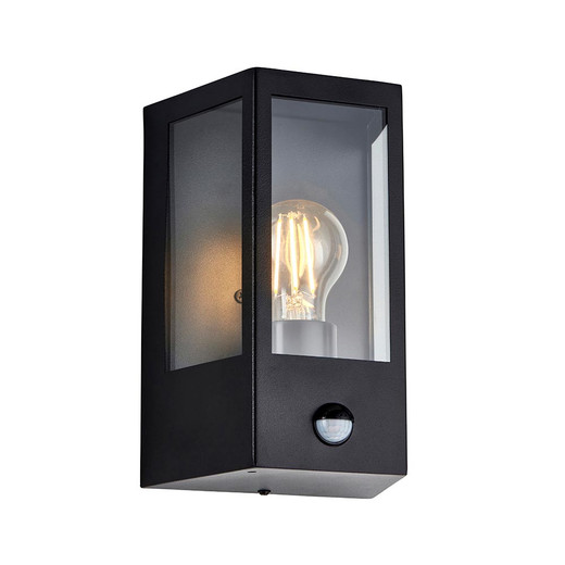 Huntington Matt Black with Clear Ribbed Shade with PIR IP44 Wall Light