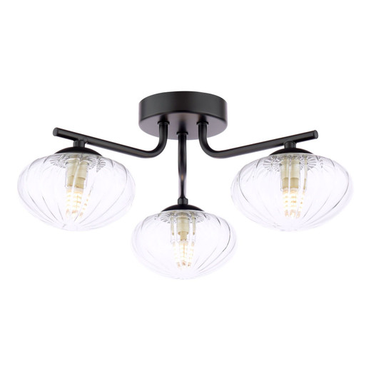 Ede 3 Light Matt Black with Ribbed Glass Semi-Flush Ceiling Light