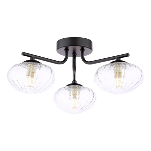 Dar Lighting Ede 3 Light Matt Black with Ribbed Glass Semi-Flush Ceiling Light 