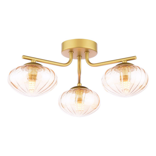 Ede 3 Light Satin Gold with Ribbed Amber Glass Semi-Flush Ceiling Light