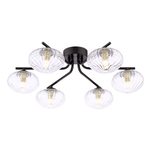 Ede  6 Light Matt Black with Ribbed Glass Semi-Flush Ceiling Light