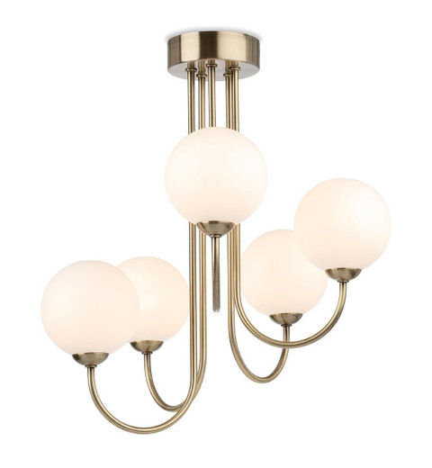 Firstlight Products Lyndon 5 Light Antique Brass with Opal White Glass Semi-Flush Ceiling Light - Clearance 