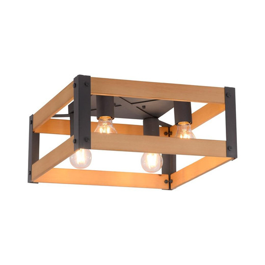 Leuchten Direkt CRATE 4 Light Black with Natural Wood Shade Ceiling Light