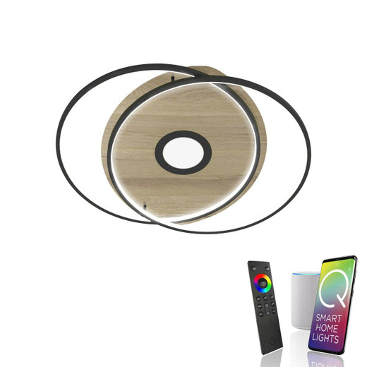Paul Neuhaus Q-AMIRA Black with Wood Decor Ringed Smart LED Ceiling Light