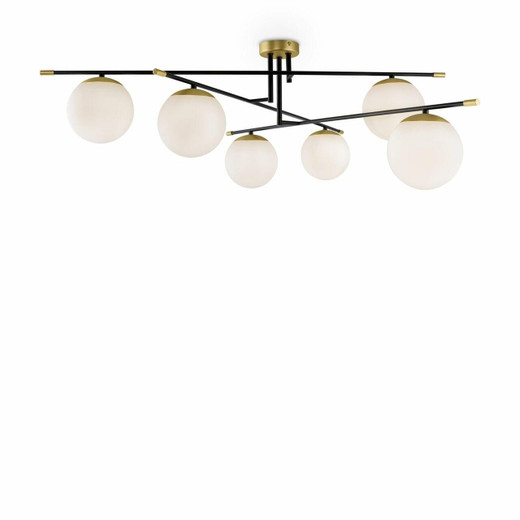 Maytoni Nostalgia 6 Light Black with Brass and Opal Glass Flush Ceiling Light