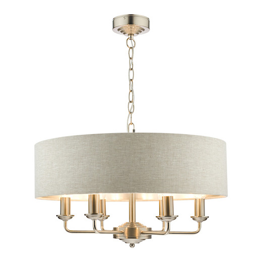 Sorrento 6 Light Brushed Chrome Armed Fitting with Natural Shade Ceiling Light