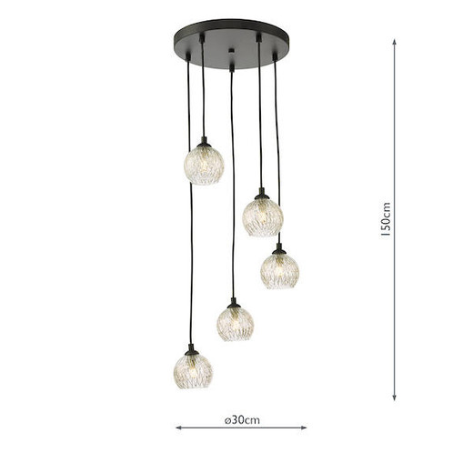 Dar Lighting Federico 5 Light Black and Clear Wired Glass Cluster Pendant