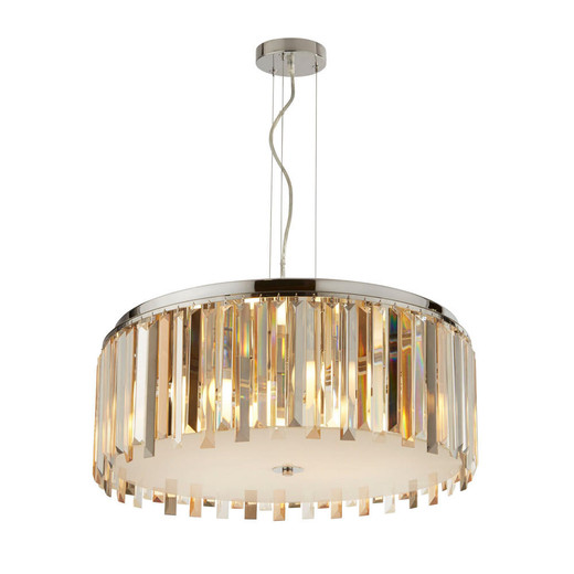 Searchlight Clarissa 5 Light Chrome and Amber Crystal Drum Pendant Light 