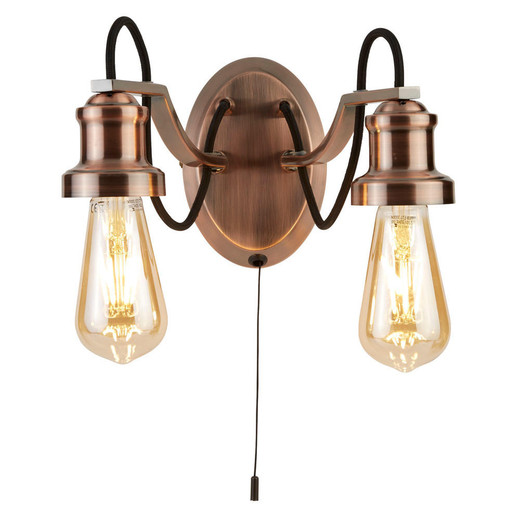 Searchlight Olivia 2 Light Antique Copper with Black Braided Fabric Cable Wall Light 