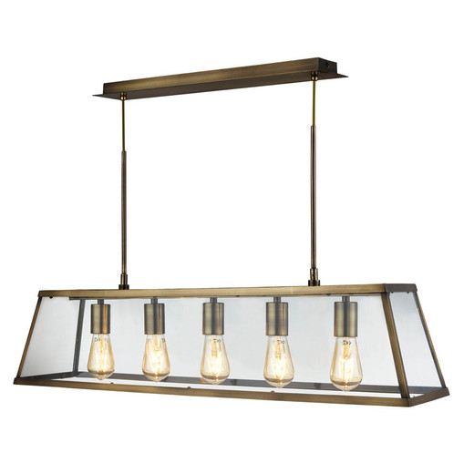 Searchlight Voyager 5 Light Antique Brass and Clear Glass Lantern Bar Pendant Light 