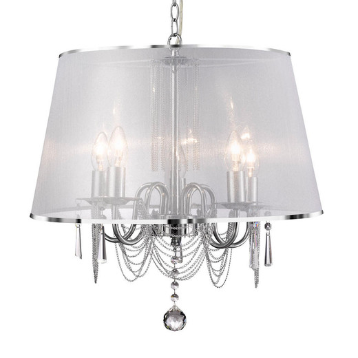 Searchlight Venetian 5 Light Chrome with Clear Glass and White Viole Shade Pendant Light