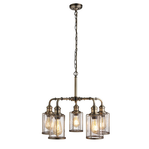 Searchlight Pipes 5 Light Antique Brass with Seeded Glass Pendant Light