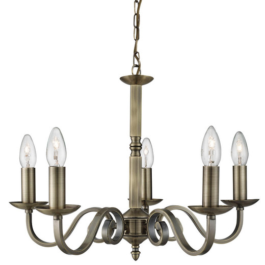 Searchlight Richmond 5 Light Antique Brass with Scroll Arms Pendant Light