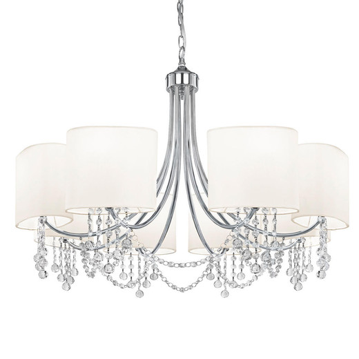 Searchlight Nina 8 Light Chrome with Clear Crystal and White Shades Pendant Light